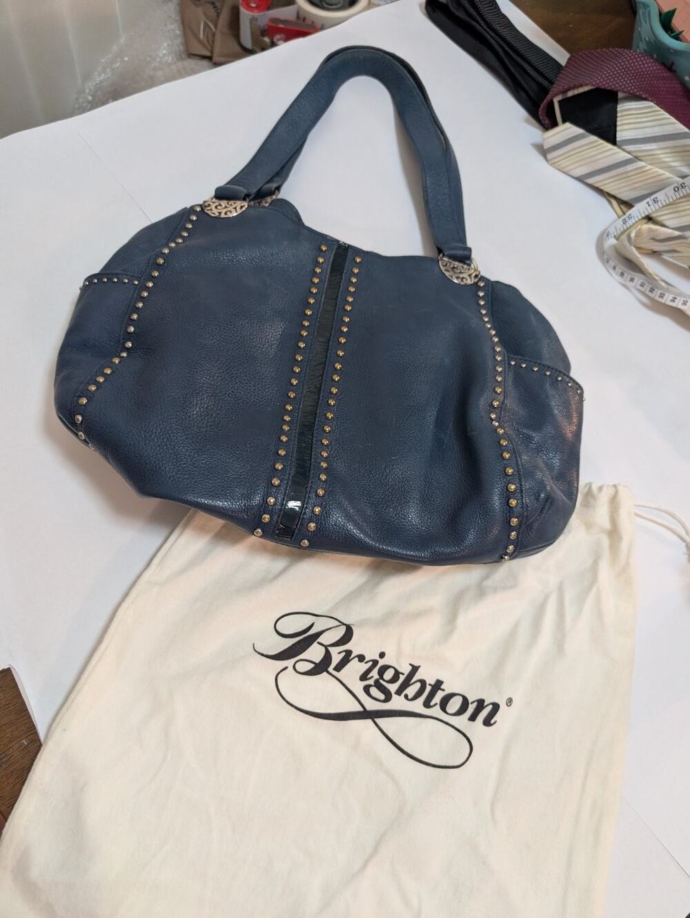 Brighton VTG Teal Blue Pebbled Leather Studded Shoulder Bag Handbag w/ dust bag